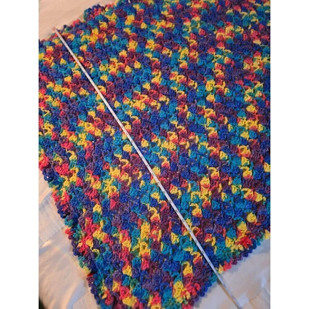 Vintage Handmade Colorful Knit Throw Blanket Pink Yellow Blue
